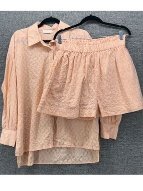 SABRINA EMBROIDERY COTTON VOLUME SLEEVE SHIRT & DAY SHORTS- peach